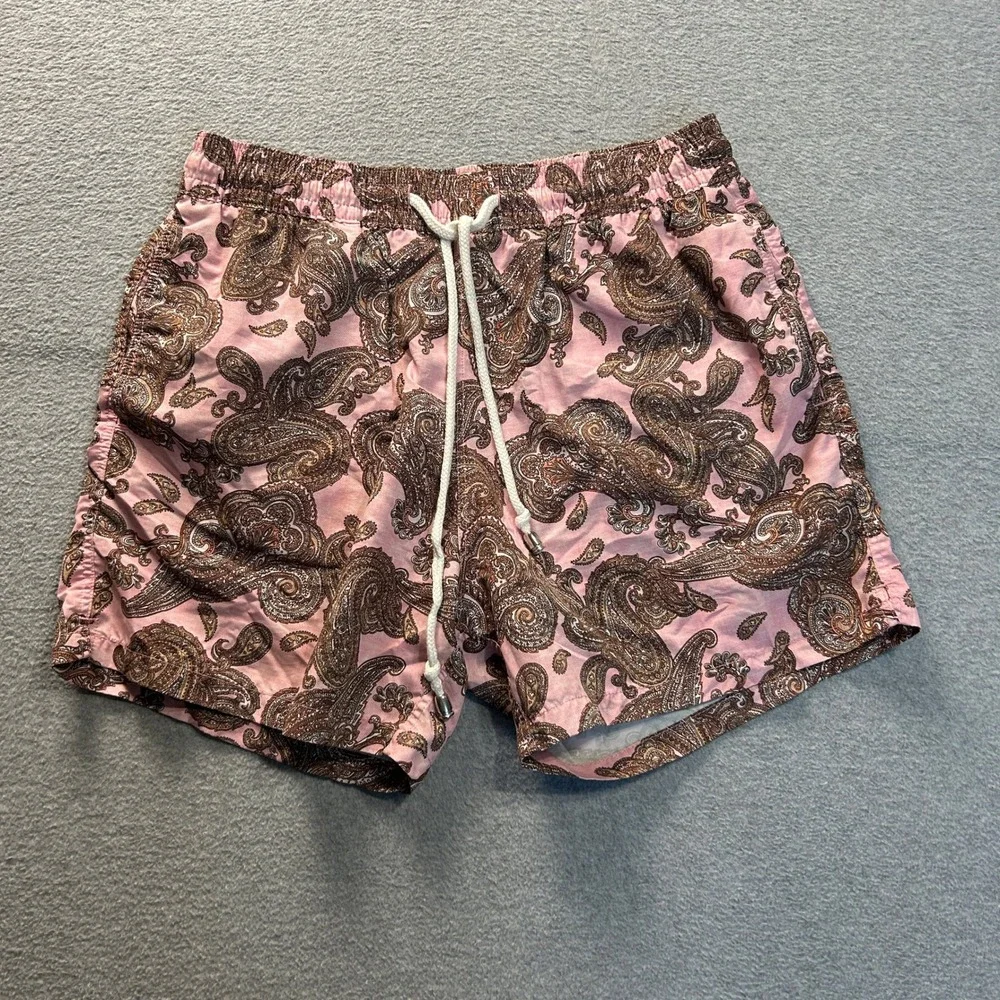 Swim Trunks Mens Medium Pink Brown Paisley Drawstring Mesh Lined Beach Shorts